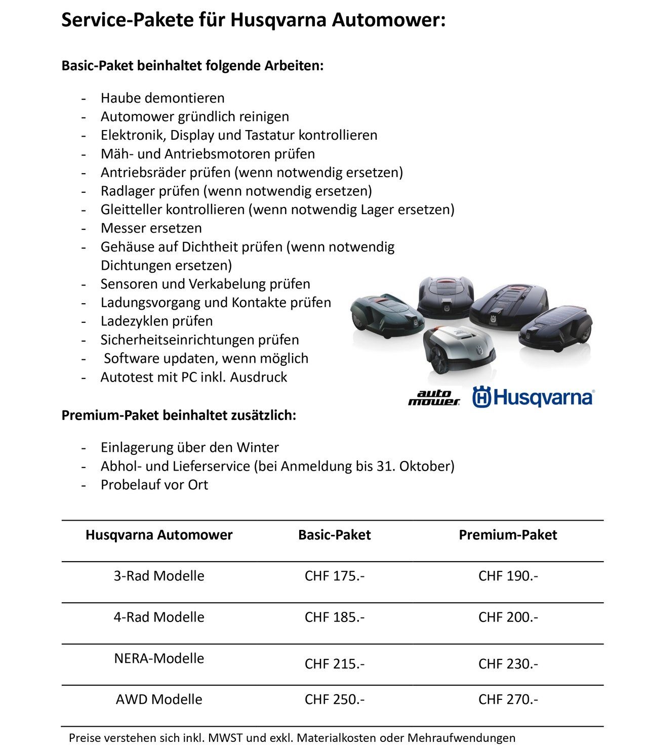 Überwintern, Reinigen, Servicearbeiten, Softwareupdate, Abhol- und Lieferservice, Probelauf vor Ort.